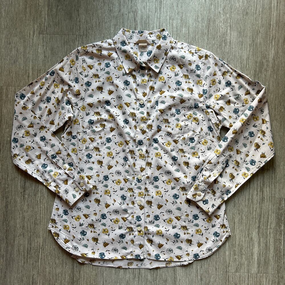 Duluth Trading Co. White/Blue/Yellow Floral Cotton Button Down Shirt Size Medium
